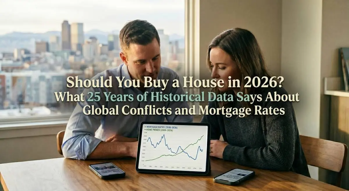 A couple analyzing a tablet graph of 25 years of mortgage rates and home prices in a sunlit Denver apartment.