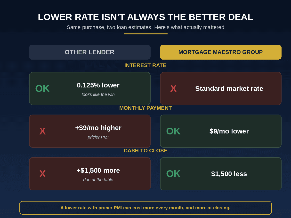 Comparison chart showing a lower mortgage rate with pricier PMI costing more per month and more at closing than Mortgage Maestro Group's loan estimate