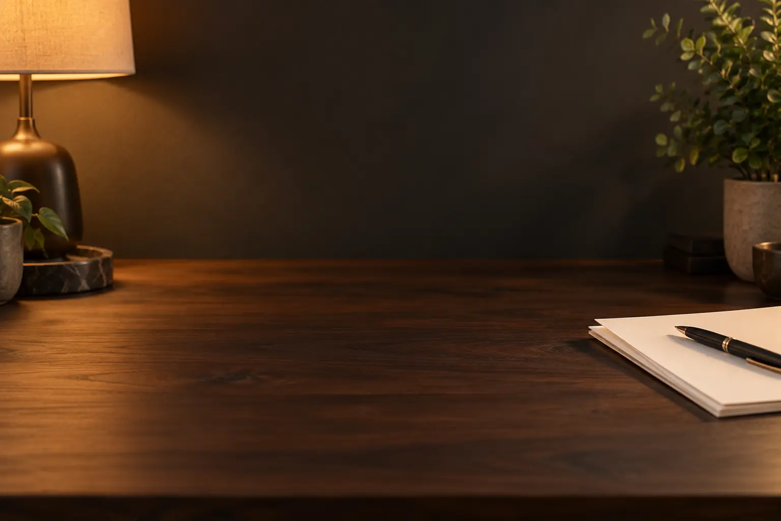 Warm, softly lit desk scene with a notepad, pen and lamp, plain dark background for the article title overlay.