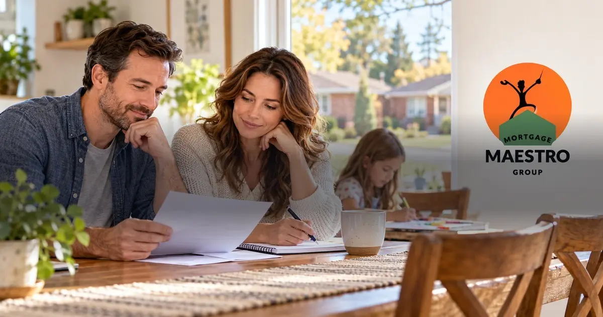 Parents reviewing a household plan at home while their child draws nearby.