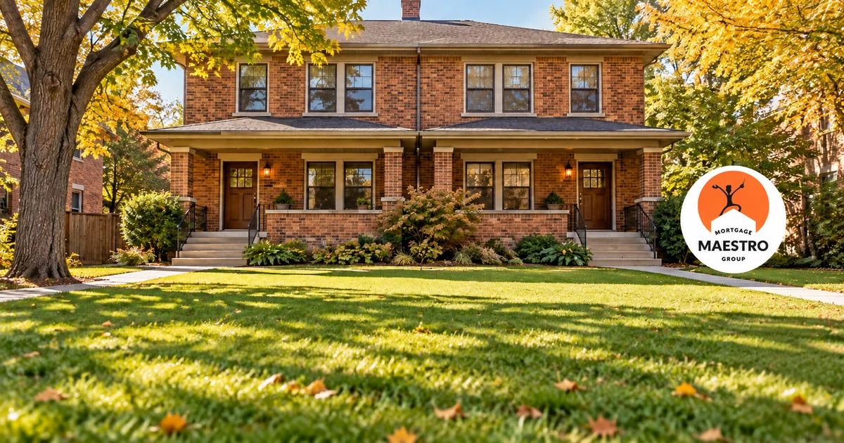 Illustration of a brick duplex with two front entrances and autumn trees.