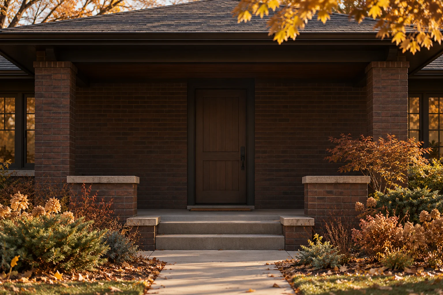 Shaded front entrance of a brick Denver-style bungalow in autumn.