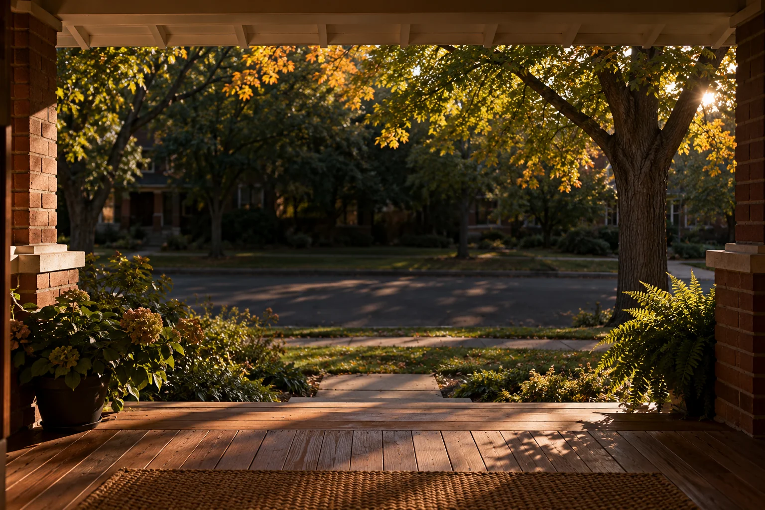 Denver buyer’s agent scene: shaded brick porch overlooking a tree-lined Denver-style residential street.