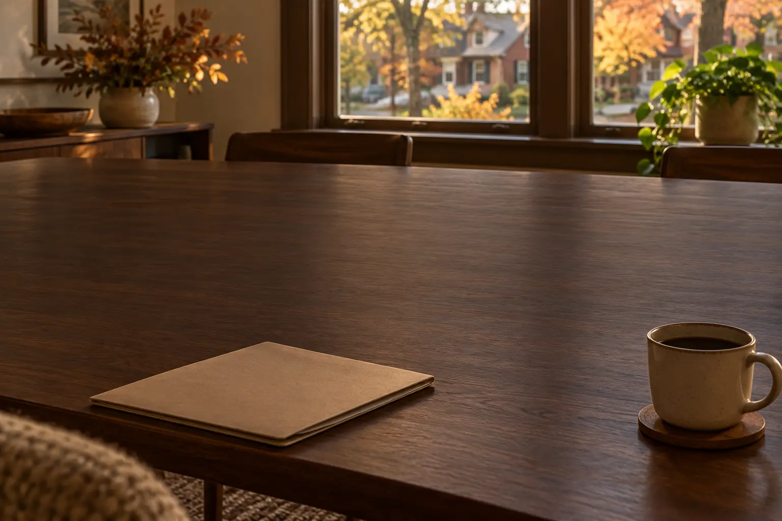Blank folder and coffee on a walnut table beside a sunlit residential window.