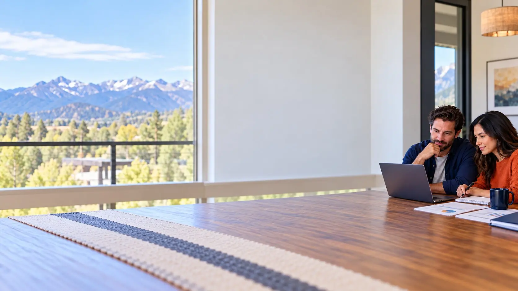 Colorado homebuyers review mortgage options at a dining table with the Front Range visible through the window.