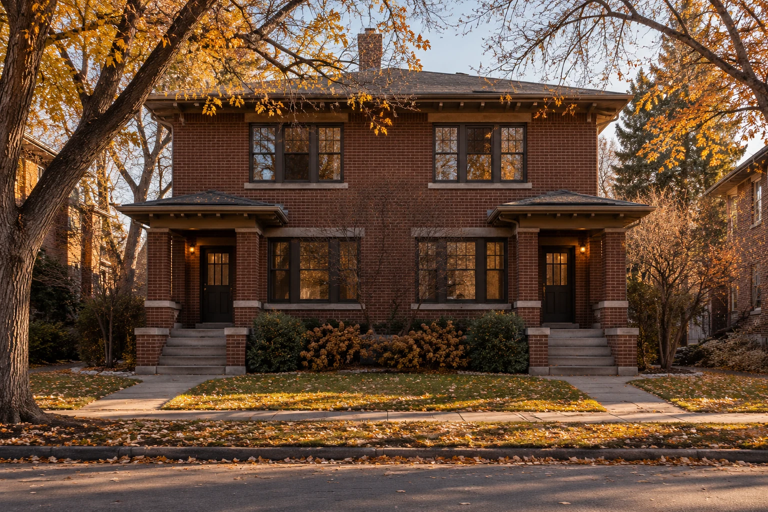Illustrative two-entrance brick residential building beneath autumn trees.