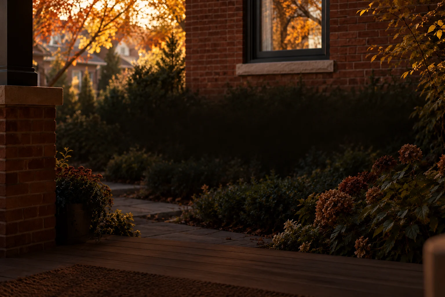 Shaded porch of a modest brick home in warm autumn light.